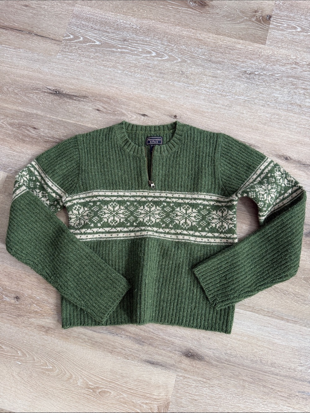 Abercrombie & Fitch Olive Green & Cream Fair Isle Half-Zip Sweater